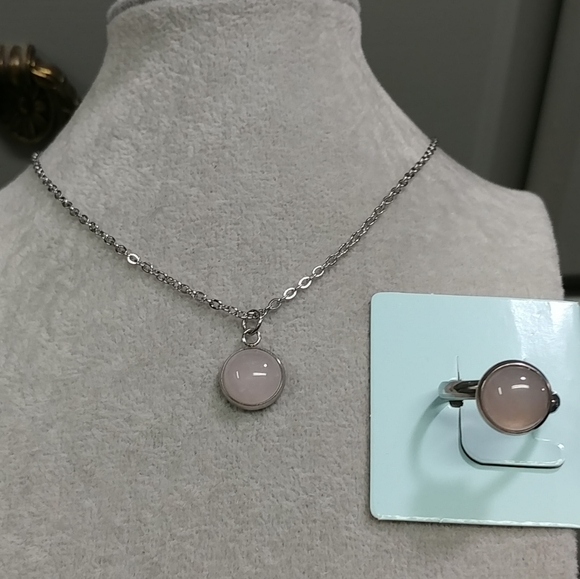 Rose Quartz Necklace Ring Set Natural Gemstone Adjustable Stainless-Steel 2pc - Picture 5 of 11